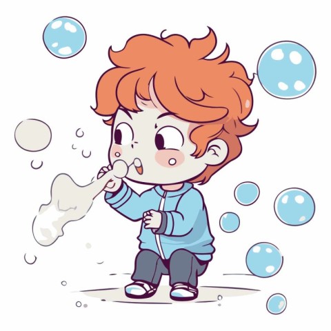 Vector illustration of a cute little red-haired boy blowing soap