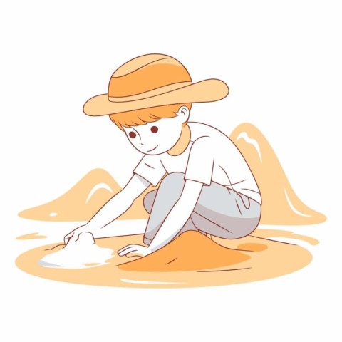 Little boy in a straw hat playing in the sand.