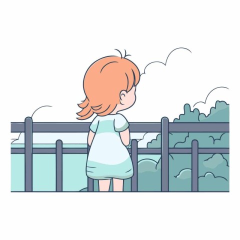 Cute little girl standing on the bridge. Vector cartoon illustra