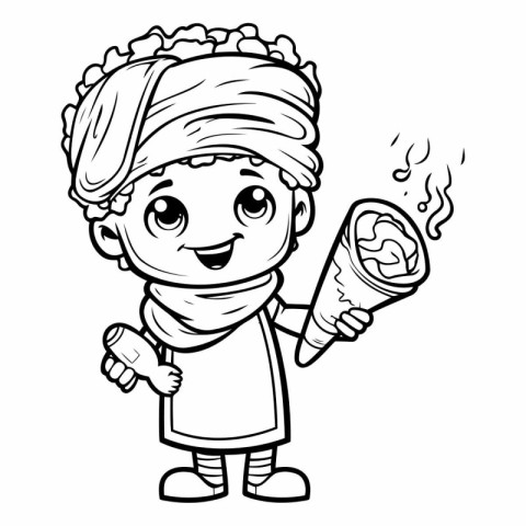 Cartoon illustration of a little indian girl holding a hot dog.