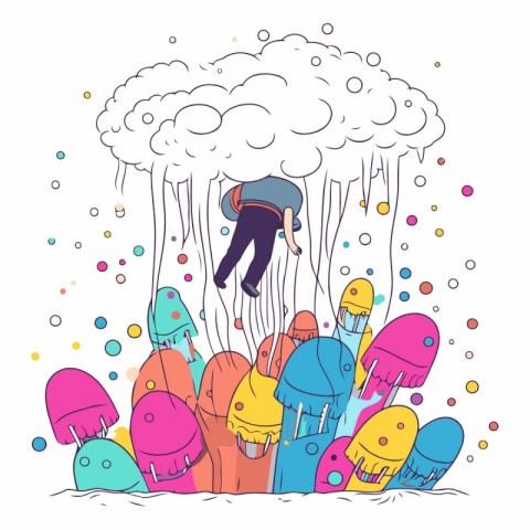 Cartoon doodle illustration of a man floating on a big cloud.