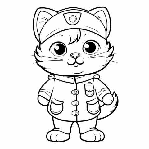 Black and White Cartoon Illustration of Cute Cat Captain Charact