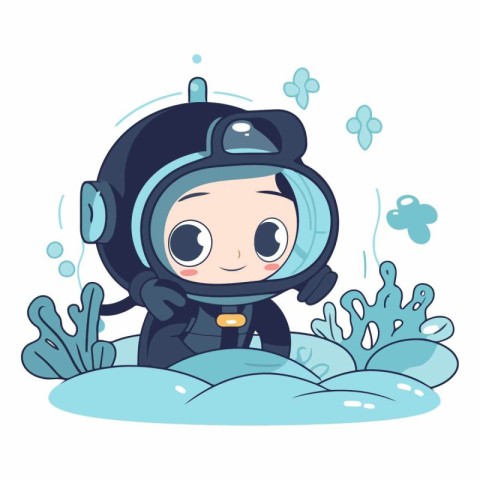 Cute little boy wearing a spacesuit in the sea.