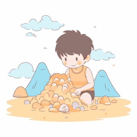 Cute little boy playing in the sand in cartoon style.