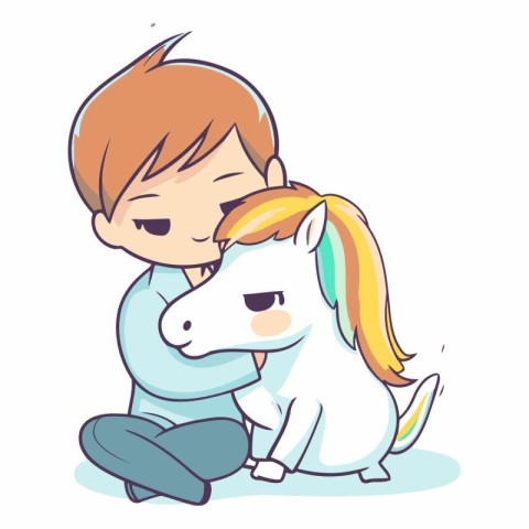 Cute little boy hugging a white pony. Vector cartoon illustratio