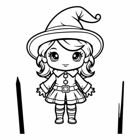 Black and White Cartoon Illustration of Cute Little Elf or Witch