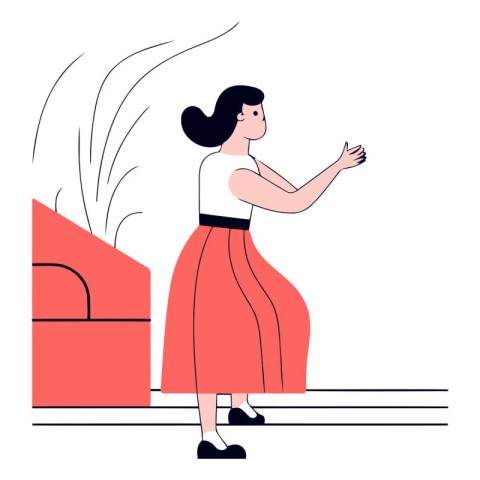 Young woman in a red skirt dancing in the park. Flat vector illu