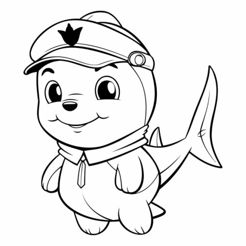 Black and White Cartoon Illustration of Cute Little Fish Captain