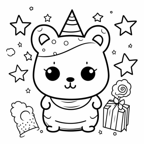 cute little bear with party hat and gift box vector illustration