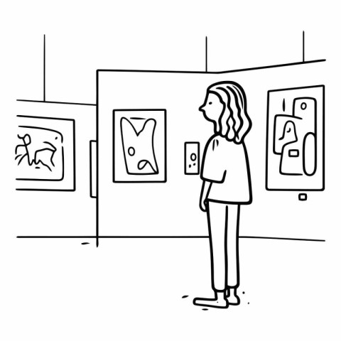 Hand drawing cartoon character of woman looking at paintings in