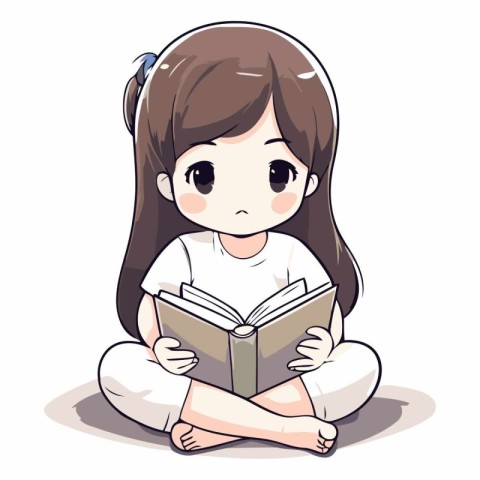 Cute little girl reading a book on white background.