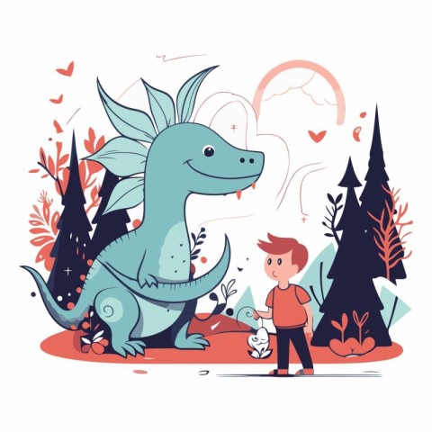 Cute little boy playing with dinosaur in cartoon style.