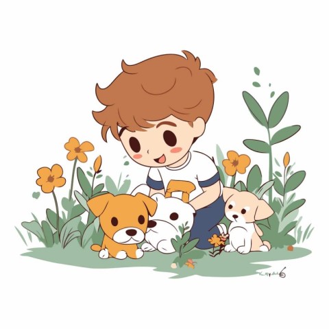 Cute boy playing with dog in the garden vector illustration grap