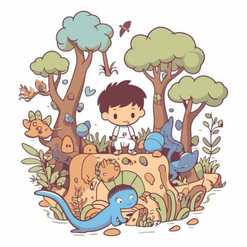 Cute boy playing with dinosaurs in the park.