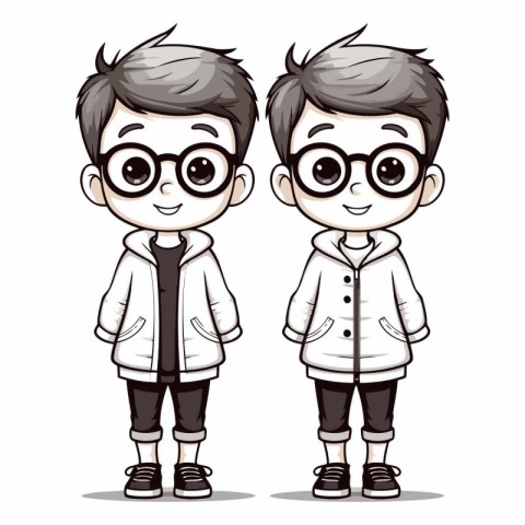 Cute boy and girl in coat and glasses.