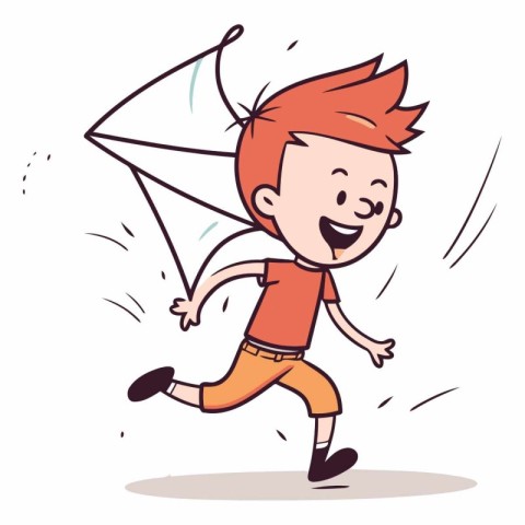 Happy boy running with a kite in cartoon style.