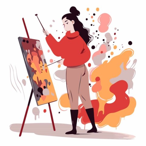 Young woman painting on easel in flat cartoon style