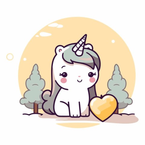 Cute unicorn with heart in the forest.