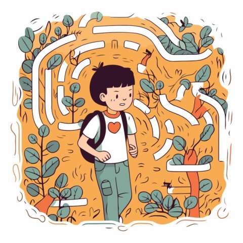 Vector illustration of a boy with a backpack in the park. Maze g