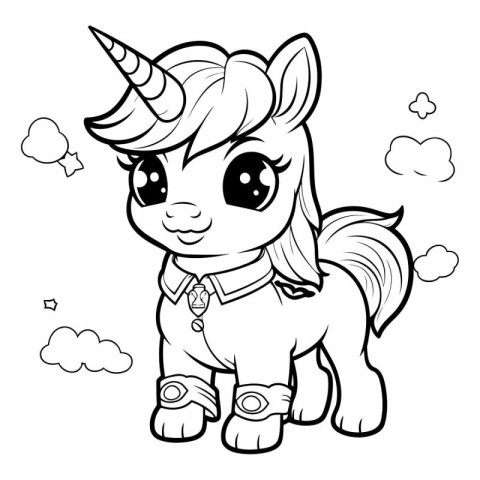 Black and White Cartoon Illustration of Cute Unicorn Animal Char