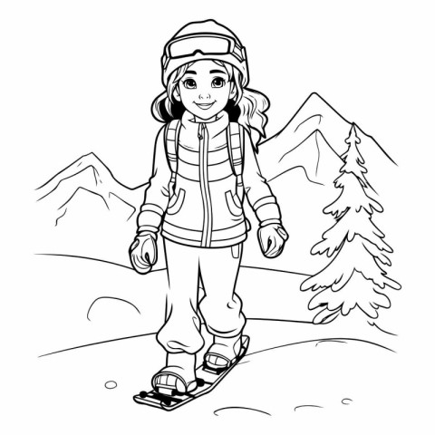 Cute little girl skier for coloring book.