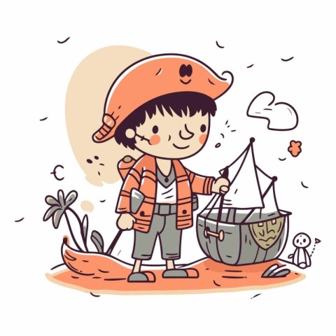 Cute boy fishing in the sea in cartoon style.