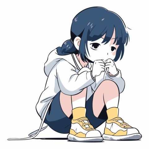 A girl in a hoodie sitting and praying on a white background