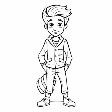 Black and White Cartoon Illustration of a Cute School Boy Studen