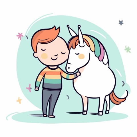 Cute little boy hugging a unicorn in cartoon style.