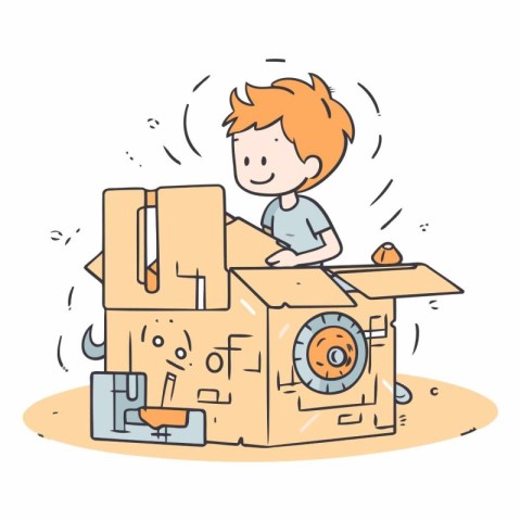 Illustration of a boy playing with a cardboard box at home.