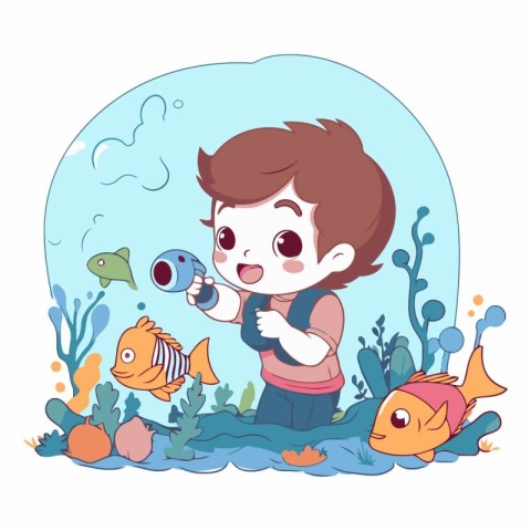 Cute boy playing with fishes in the sea.