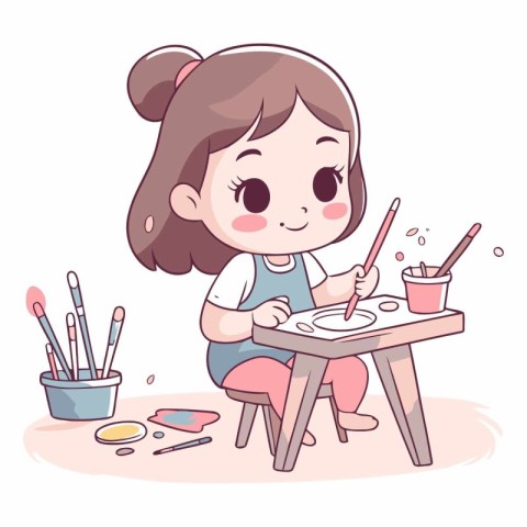 Illustration of a Cute Little Girl Drawing with Paintbrushes