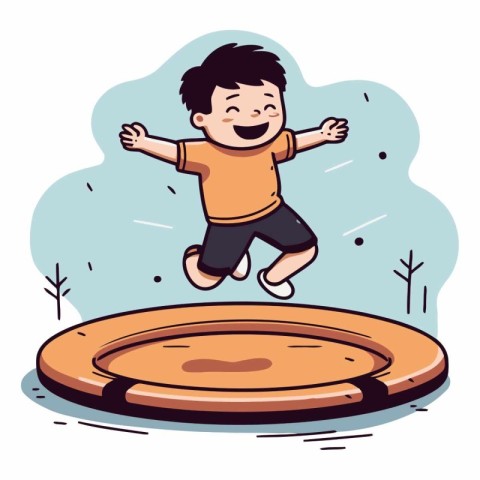 Boy jumping on a trampoline in cartoon style.