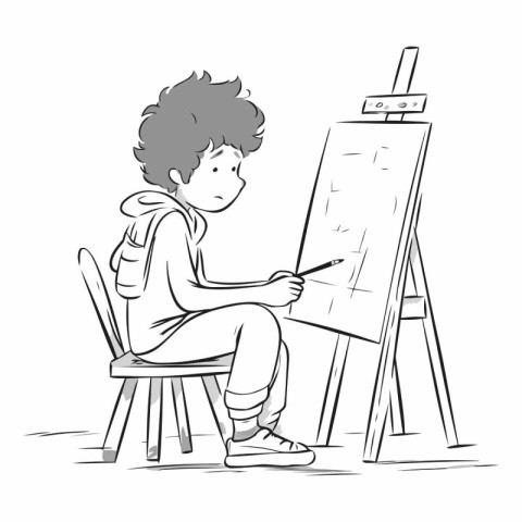 Illustration of a Little Boy Drawing on an Easel with Paint