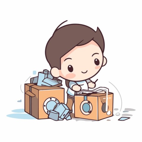 boy putting clothes into donation box - eps10 vector illustratio