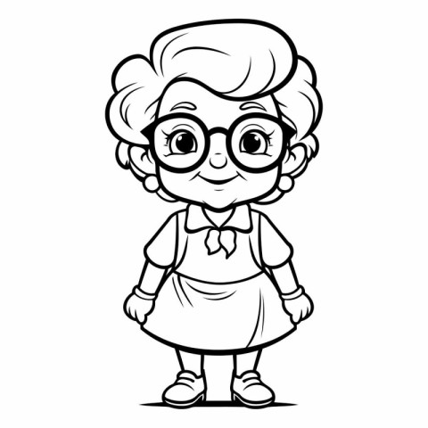 Cute Grandmother - Black and White Cartoon Illustration. Vector