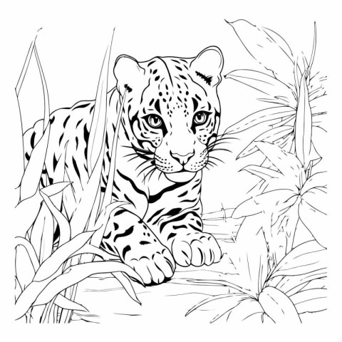 sketch of a leopard on a background of tropical plants