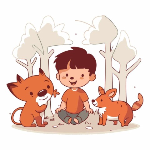 Cute little boy playing with animals in the park