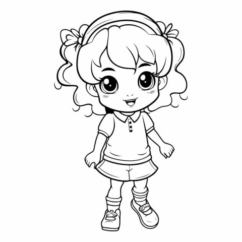 Cute little girl with headphones for coloring book.