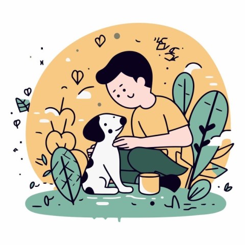 Vector illustration of a boy playing with his dog in the garden.