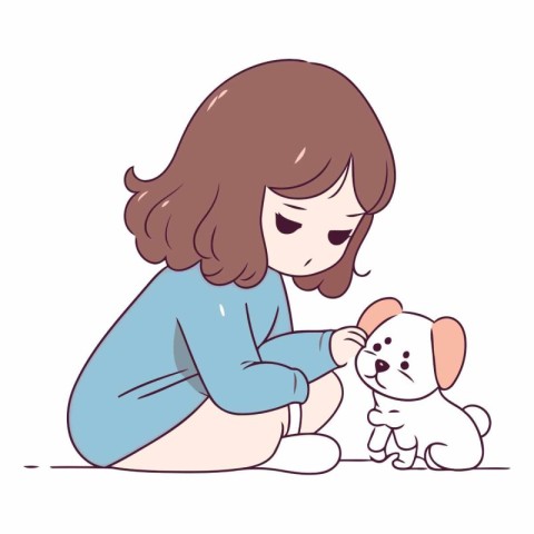 Little girl playing with her dog. Cute cartoon vector illustrati