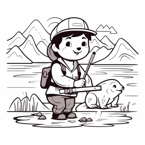 Vector illustration of a boy scout with a bear on the background