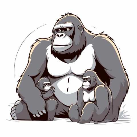 Vector illustration of a big gorilla with a small child. Cartoon