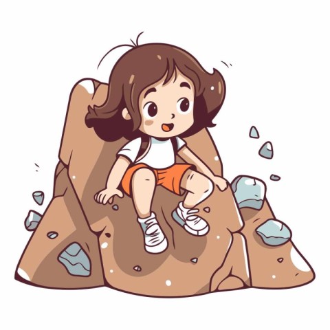 Illustration of a Little Girl Climbing a Rock on White Backgroun