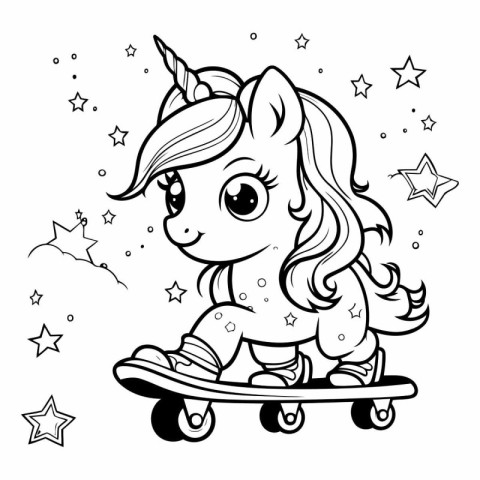 Cute cartoon unicorn on skateboard for coloring book.