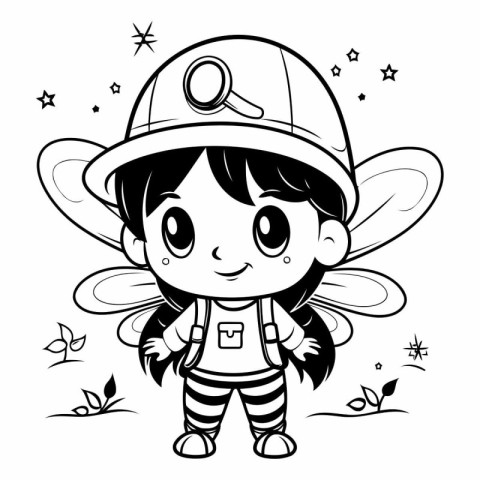 Black and White Cartoon Illustration of Cute Little Girl Astrona