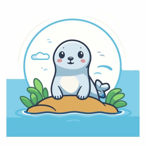 Cute seal on the island in cartoon style.