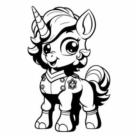 Cute Cartoon Unicorn - Black and White Cartoon Illustration. Vec