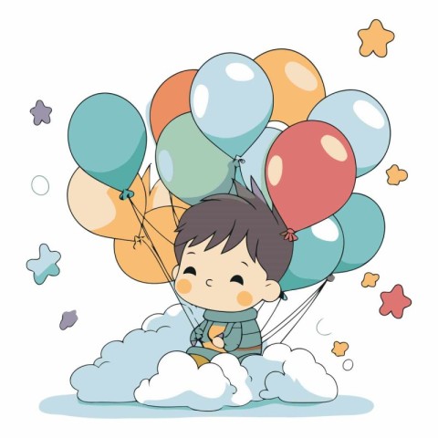 cute little boy flying with balloons and clouds vector illustrat