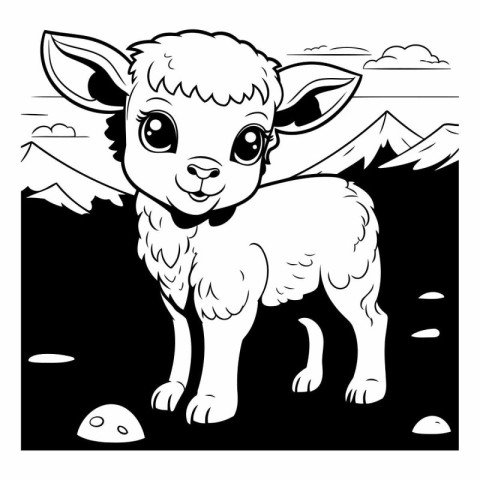 Black and White Cartoon Illustration of Cute Lamb Animal Charact